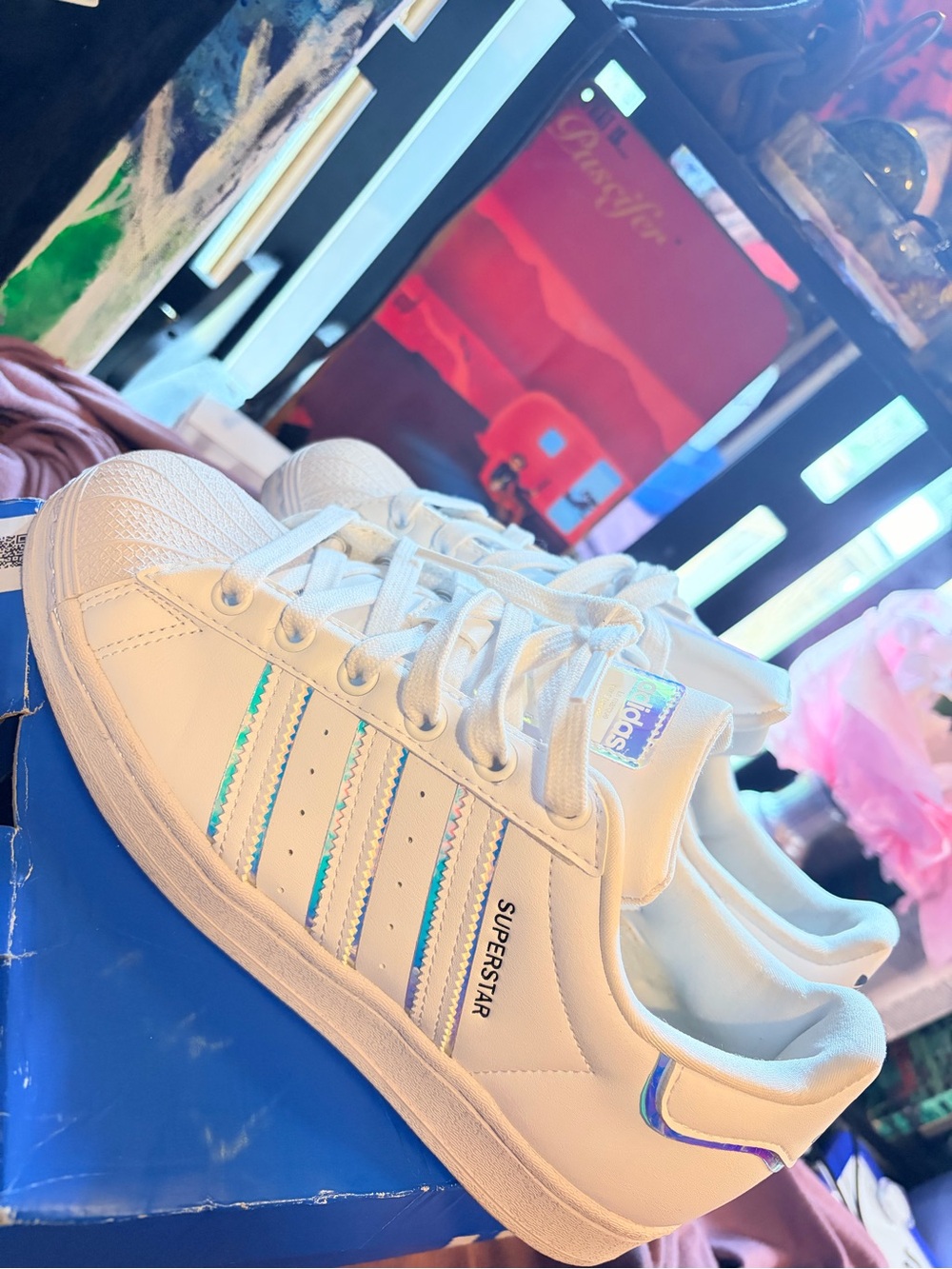 ADIDAS women’s White Sneakers with Iridescent Stripes and Heel Accent